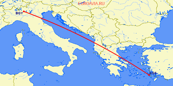 перелет Кос — Бергамо на карте