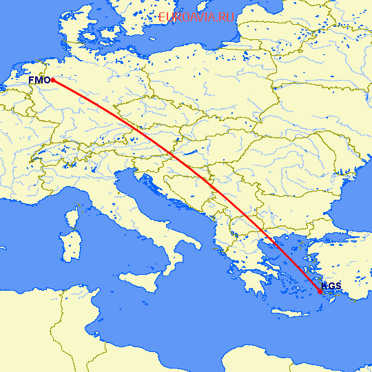 перелет Кос — Мюнстер-Оснабрюк на карте