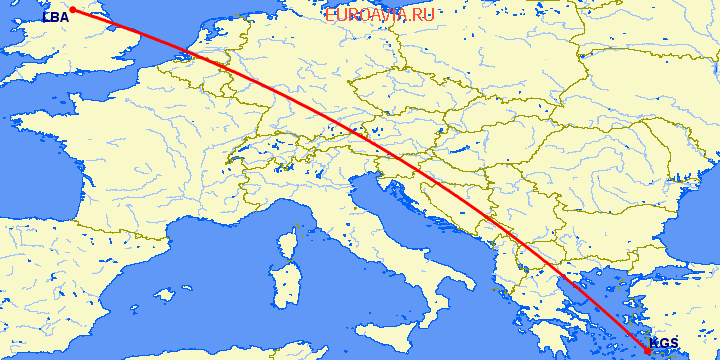 перелет Кос — Лидс на карте