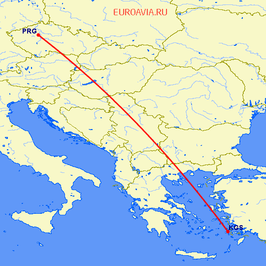 перелет Кос — Прага на карте