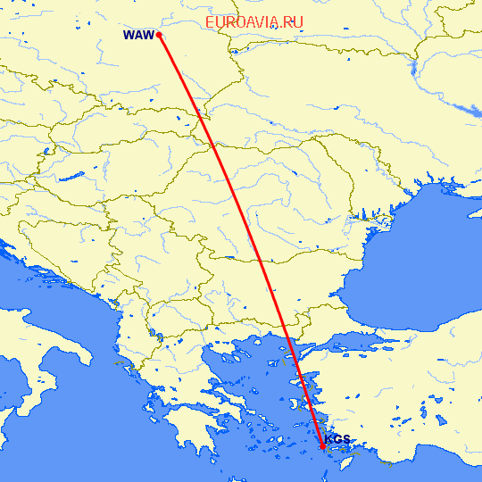 перелет Кос — Варшава на карте