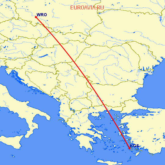 перелет Кос — Вроцлав на карте