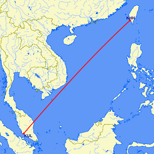 перелет Гаосюн — Куала Лумпур на карте