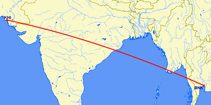 перелет Карачи — Бангкок на карте