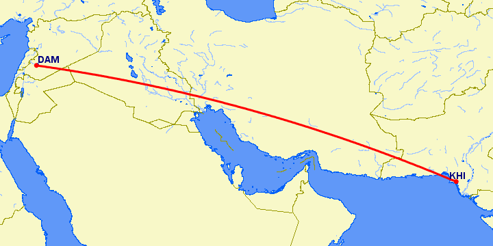 перелет Карачи — Дамаск на карте