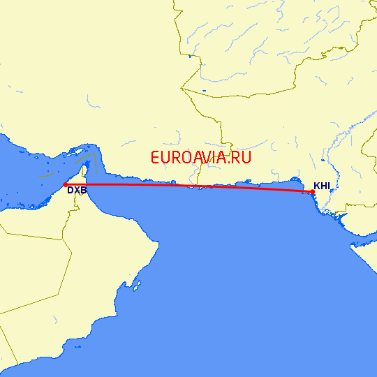 перелет Карачи — Дубай на карте