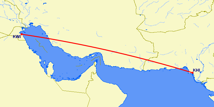 перелет Карачи — Кувейт на карте