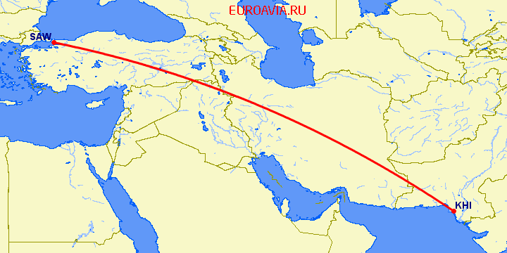 перелет Карачи — Стамбул на карте