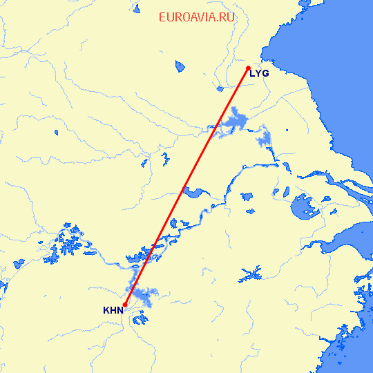 перелет Наньчан — Лианьюнан на карте