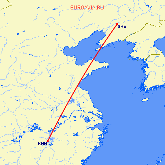 перелет Наньчан — Шеньян на карте