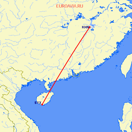 перелет Наньчан — Санья на карте