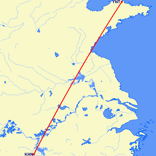 перелет Наньчан — Янтай на карте