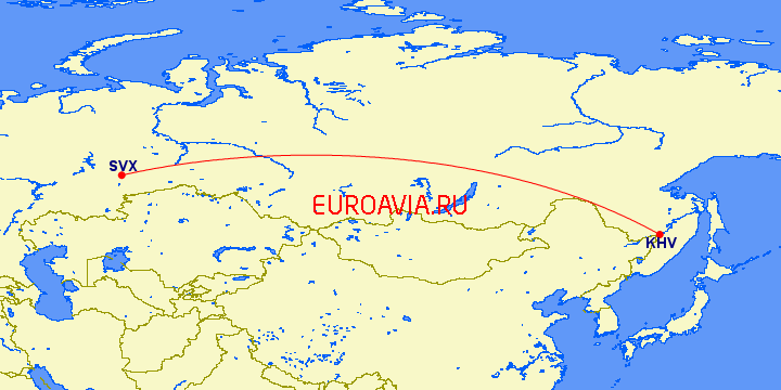 перелет Хабаровск — Екатеринбург на карте