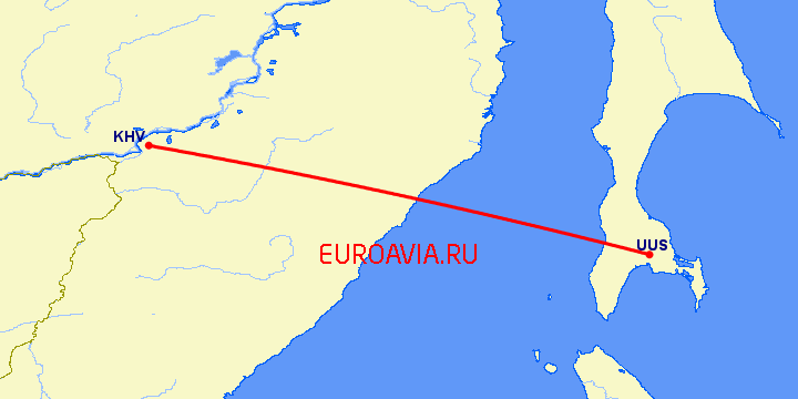 перелет Хабаровск — Южно Сахалинск на карте
