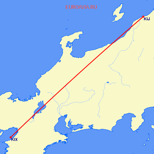 перелет Ниигата — Осака на карте