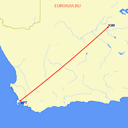 перелет Кимберли — Кейптаун на карте