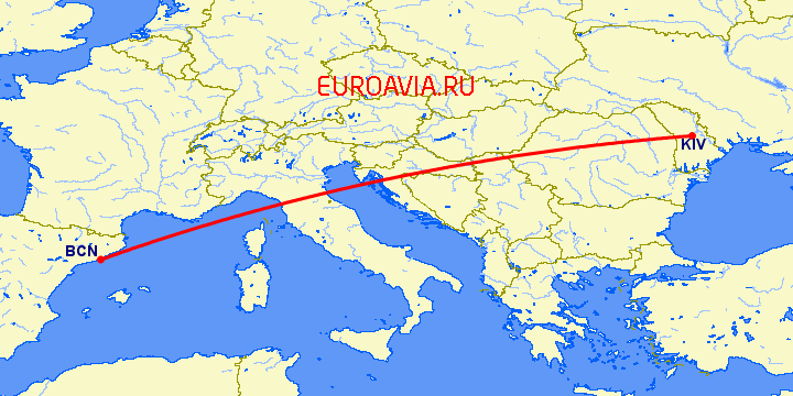перелет Кишинев — Барселона на карте