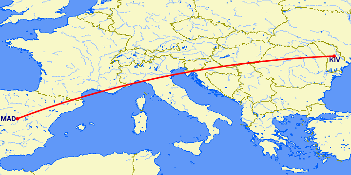 перелет Кишинев — Мадрид на карте