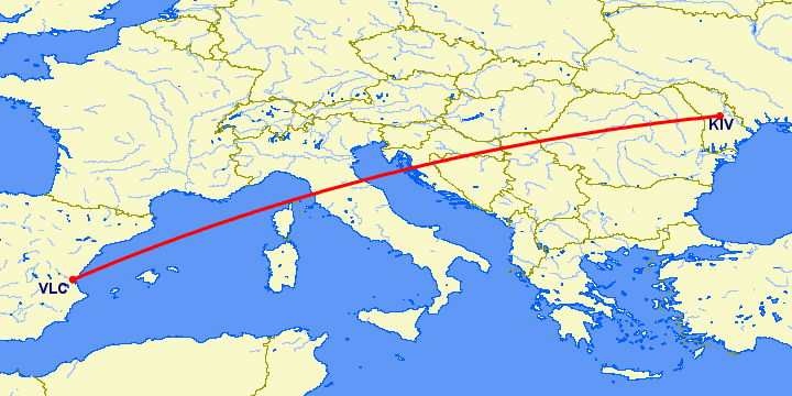 перелет Кишинев — Валенсия на карте