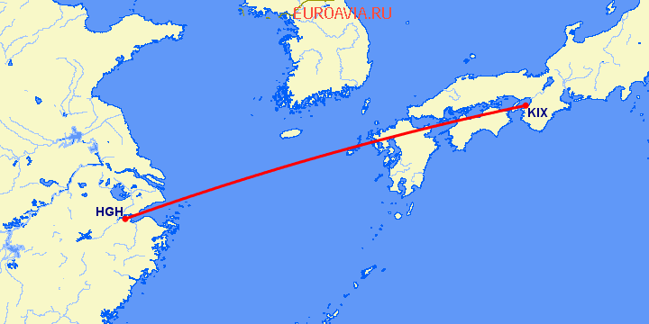 перелет Осака — Ханчжоу на карте