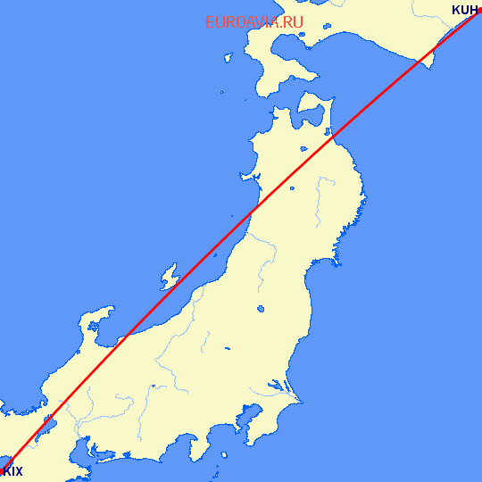 перелет Осака — Куширо на карте