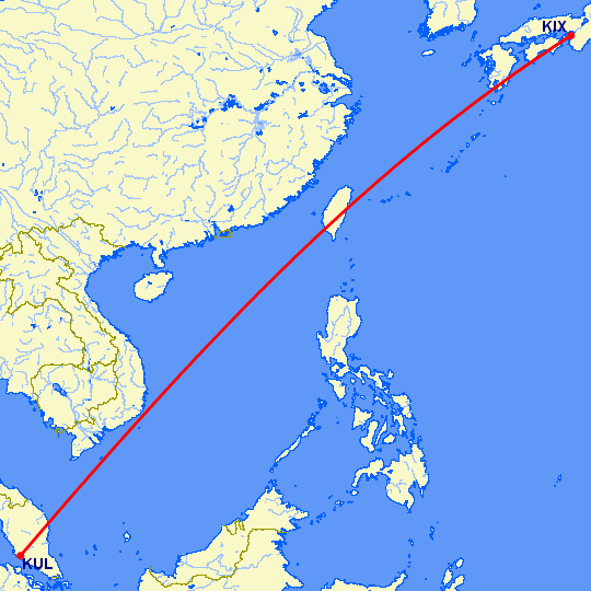 перелет Осака — Куала Лумпур на карте