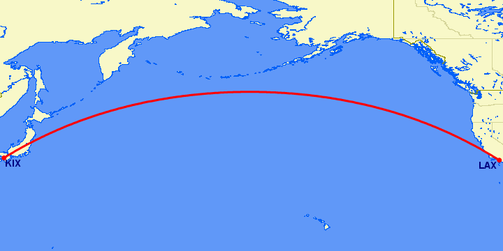 перелет Осака — Лос Анджелес на карте