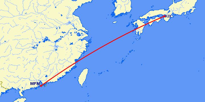 перелет Осака — Макао на карте