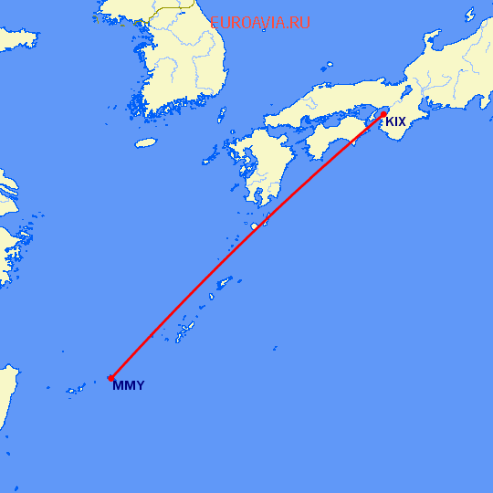 перелет Осака — Miyako Jima на карте