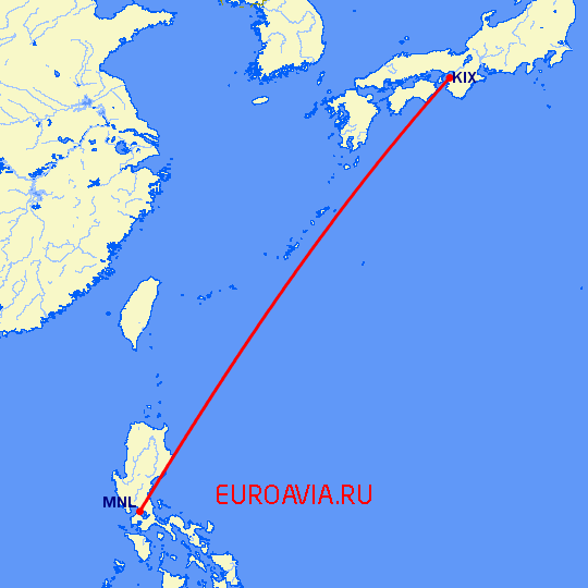 перелет Осака — Манила на карте