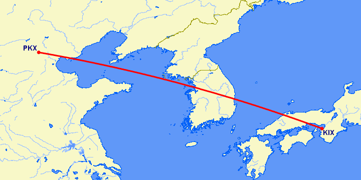 перелет Осака — Пекин на карте
