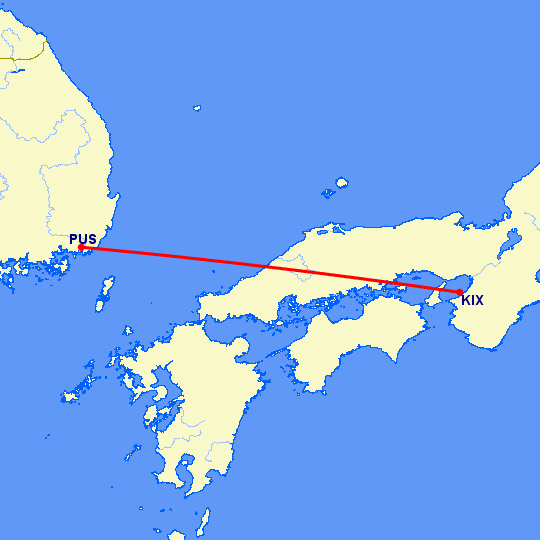 перелет Осака — Пусан на карте
