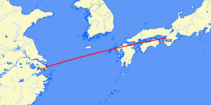 перелет Осака — Шанхай на карте