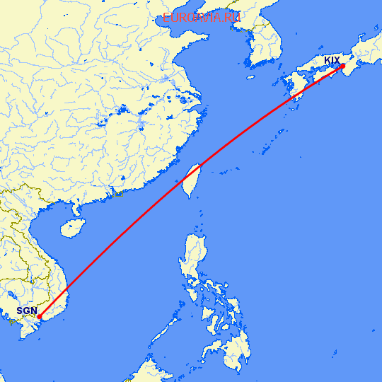 перелет Осака — Хошимин на карте