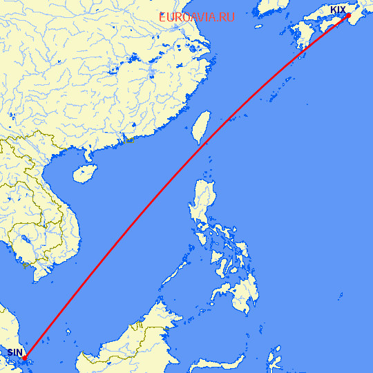 перелет Осака — Сингапур на карте