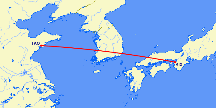 перелет Осака — Куаньдян на карте