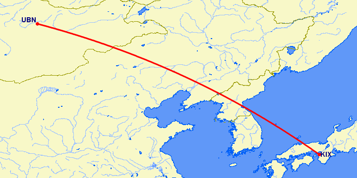 перелет Осака — Улан Батор на карте