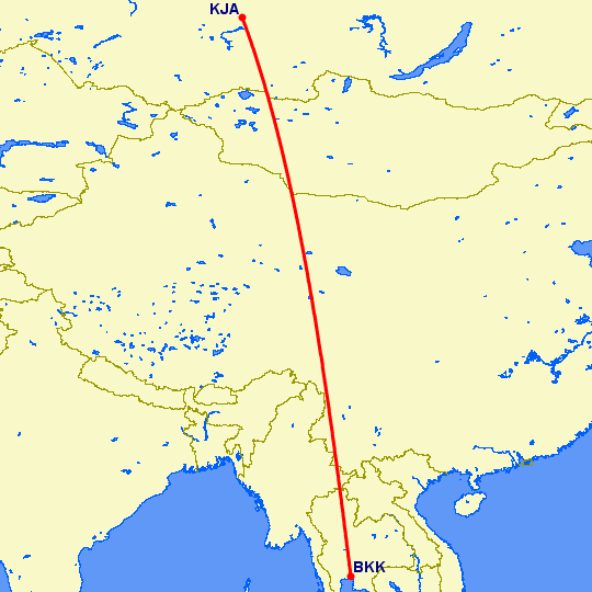 перелет Красноярск — Бангкок на карте