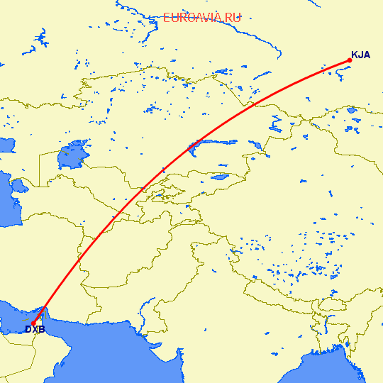 перелет Красноярск — Дубай на карте