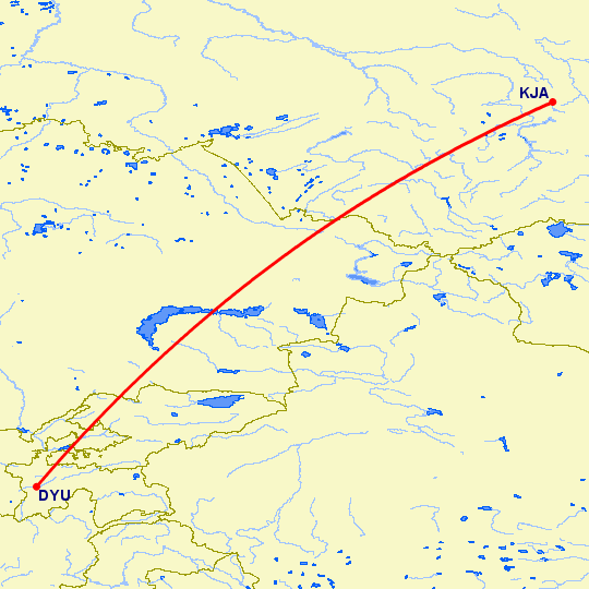 перелет Красноярск — Душанбе на карте