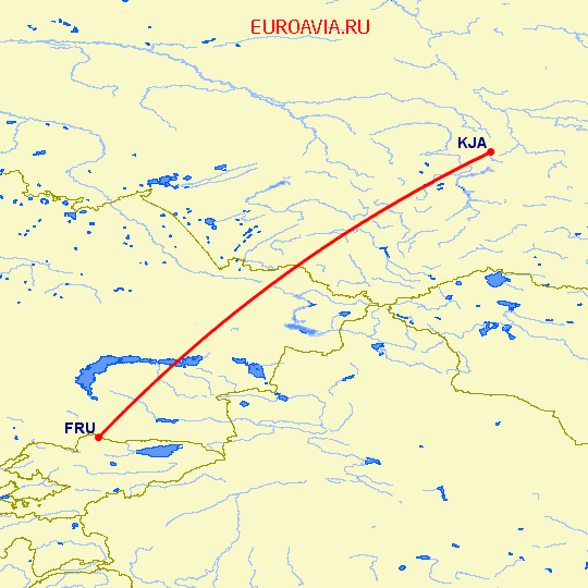 перелет Красноярск — Бишкек на карте