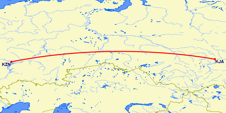 перелет Красноярск — Казань на карте