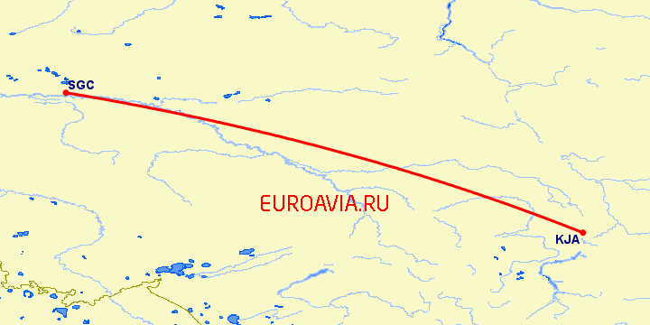перелет Красноярск — Сургут на карте