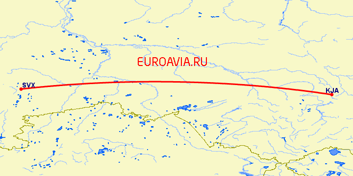 перелет Красноярск — Екатеринбург на карте