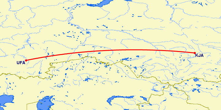 перелет Красноярск — Уфа на карте