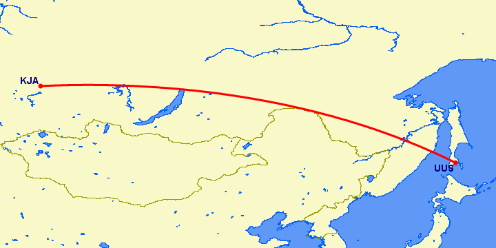 перелет Красноярск — Южно Сахалинск на карте