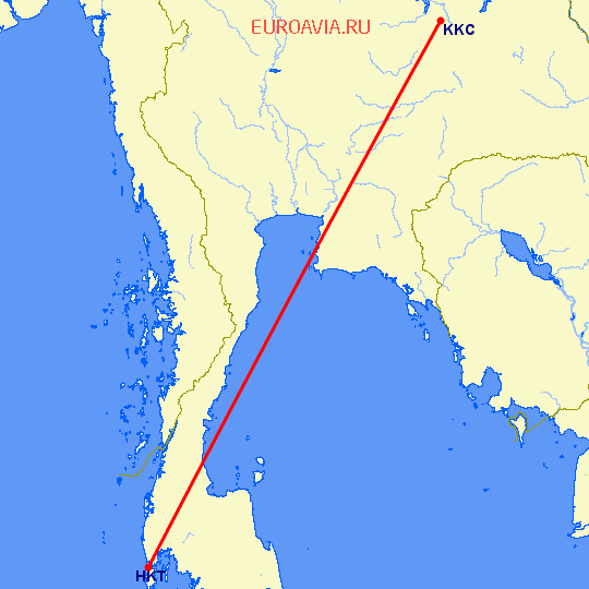 перелет Кхон Каен — Пхукет на карте