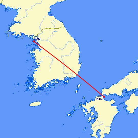 перелет Кита Кюсю — Сеул на карте