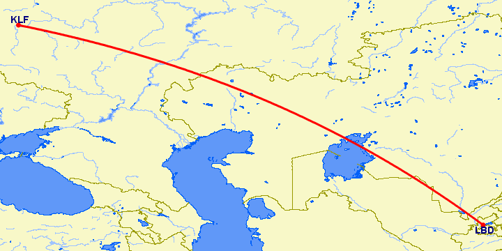 перелет Калуга — Худжанд на карте
