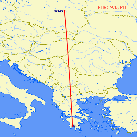перелет Каламата — Варшава на карте